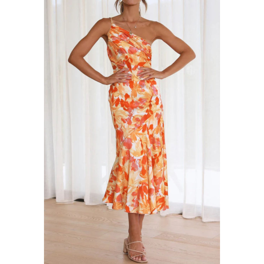 Ruched Printed Single Shoulder Midi Dress Apparel and Accessories