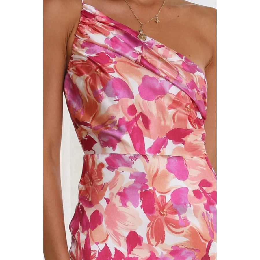 Ruched Printed Single Shoulder Midi Dress Apparel and Accessories