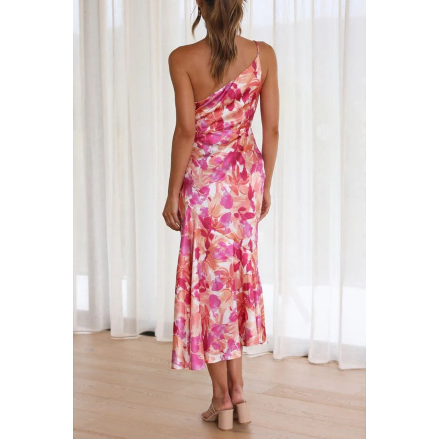 Ruched Printed Single Shoulder Midi Dress Pink / S Apparel and Accessories