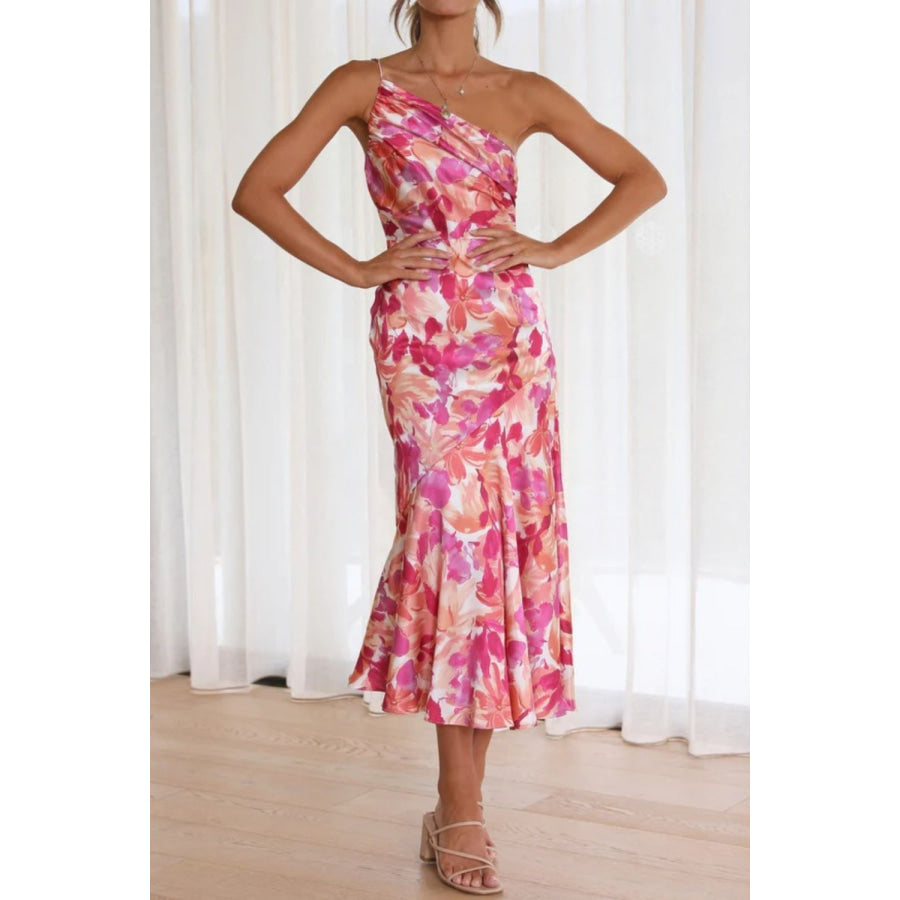 Ruched Printed Single Shoulder Midi Dress Apparel and Accessories