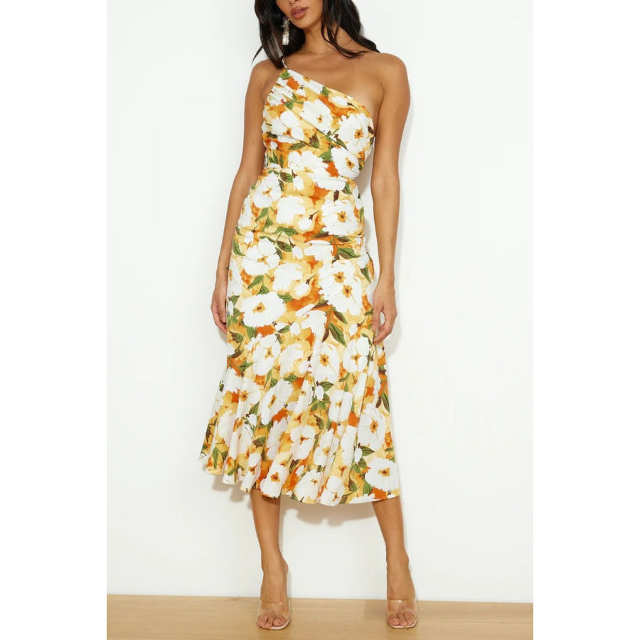 Ruched Printed Single Shoulder Midi Dress Gold / S Apparel and Accessories