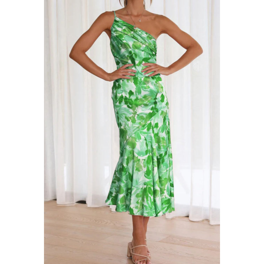 Ruched Printed Single Shoulder Midi Dress Green / S Apparel and Accessories