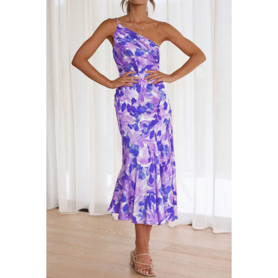 Ruched Printed Single Shoulder Midi Dress Lavender / S Apparel and Accessories