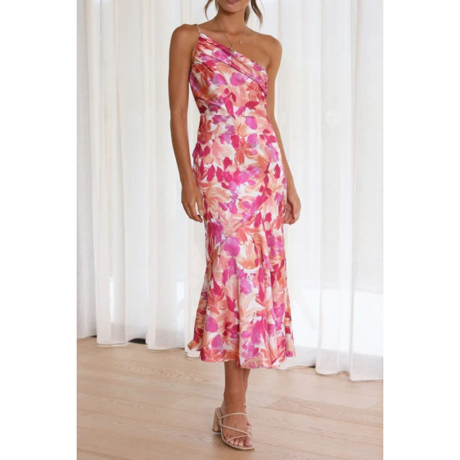 Ruched Printed Single Shoulder Midi Dress Pink / S Apparel and Accessories