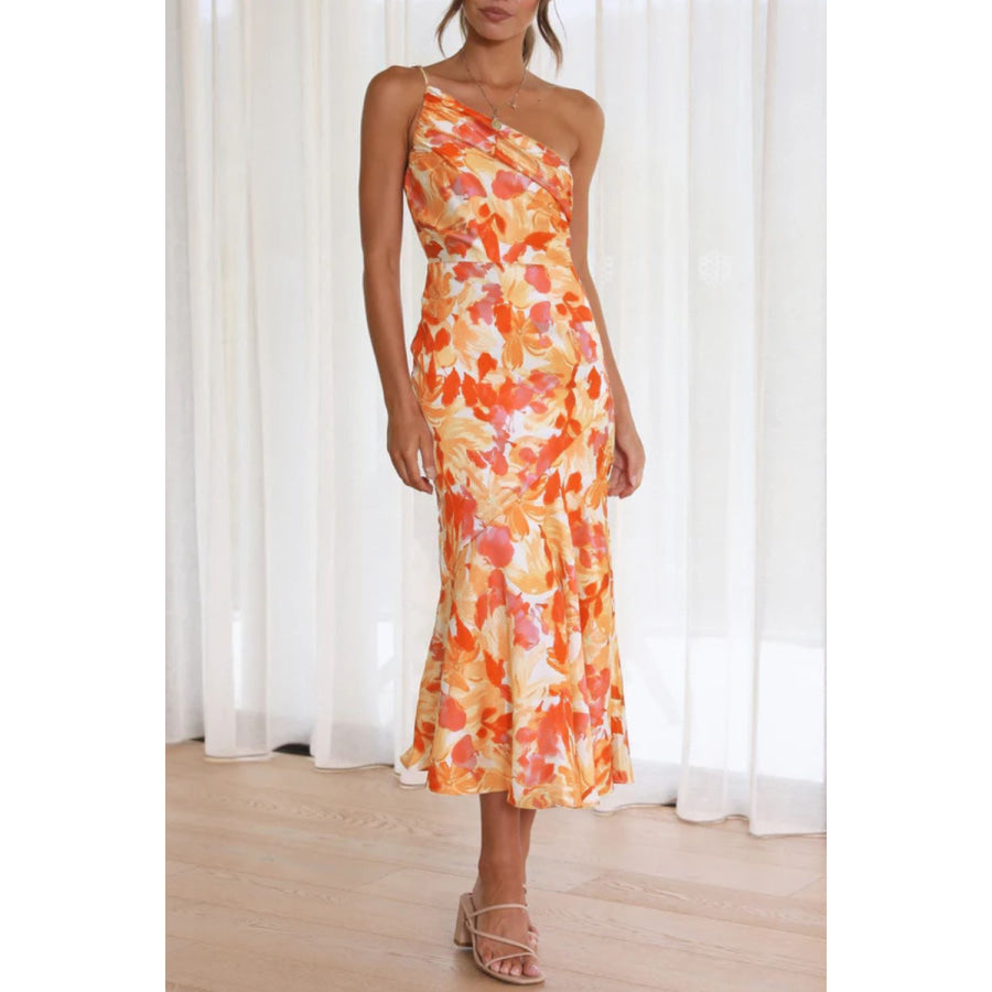 Ruched Printed Single Shoulder Midi Dress Tangerine / S Apparel and Accessories