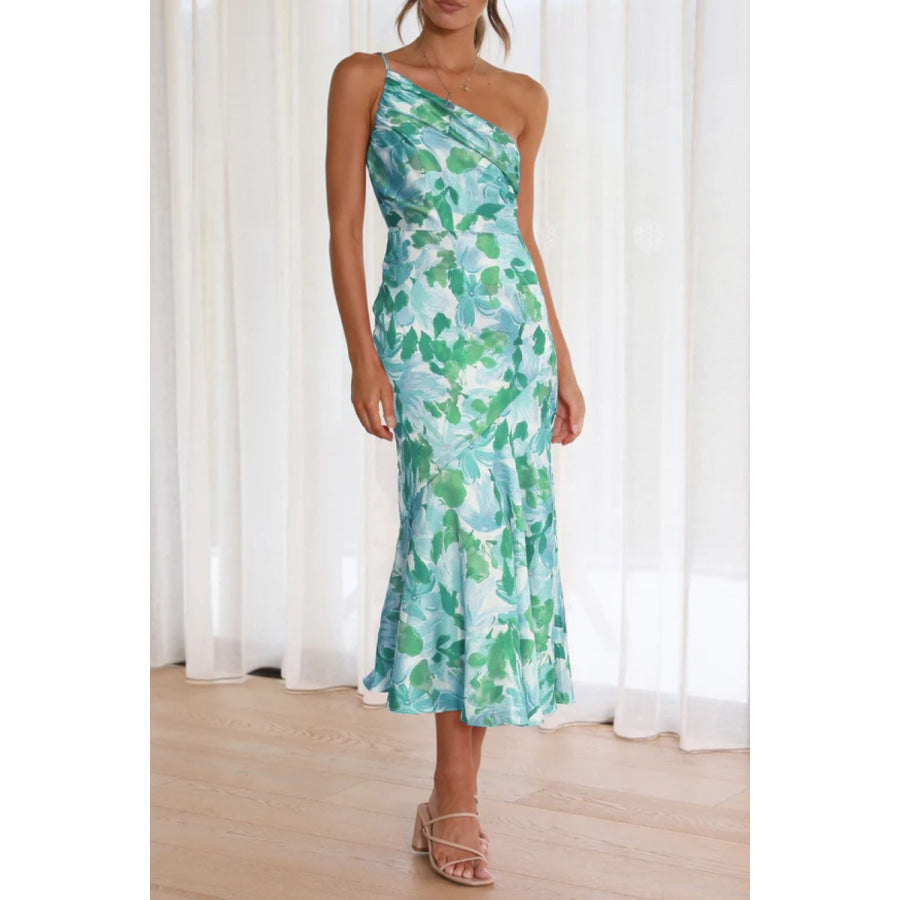 Ruched Printed Single Shoulder Midi Dress Teal / S Apparel and Accessories