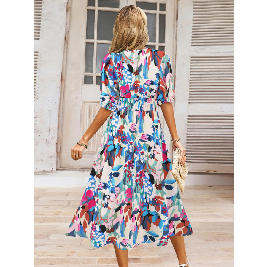 Ruched Printed Surplice Short Sleeve Dress Apparel and Accessories