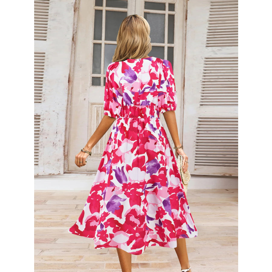 Ruched Printed Surplice Short Sleeve Dress Apparel and Accessories