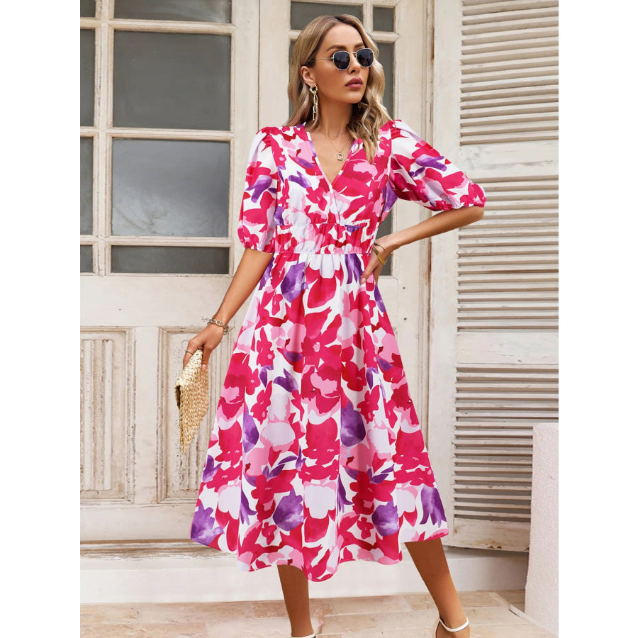 Ruched Printed Surplice Short Sleeve Dress Deep Rose / S Apparel and Accessories