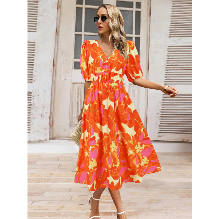 Ruched Printed Surplice Short Sleeve Dress Orange / S Apparel and Accessories