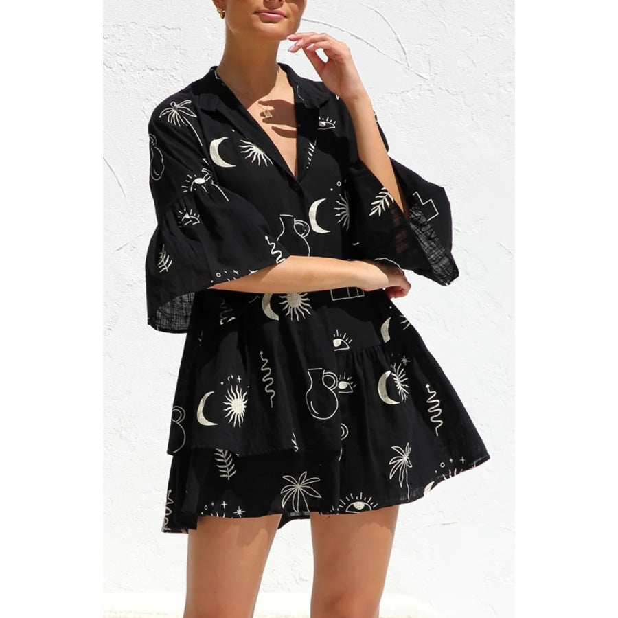 Ruched Printed Three-Quarter Sleeve Mini Dress Apparel and Accessories