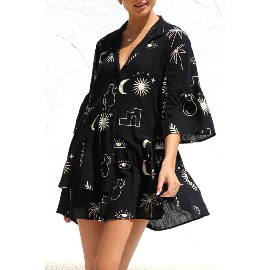 Ruched Printed Three-Quarter Sleeve Mini Dress Apparel and Accessories