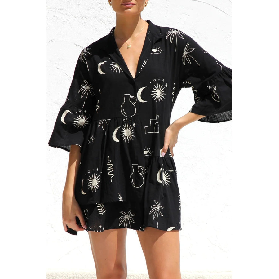 Ruched Printed Three-Quarter Sleeve Mini Dress Apparel and Accessories