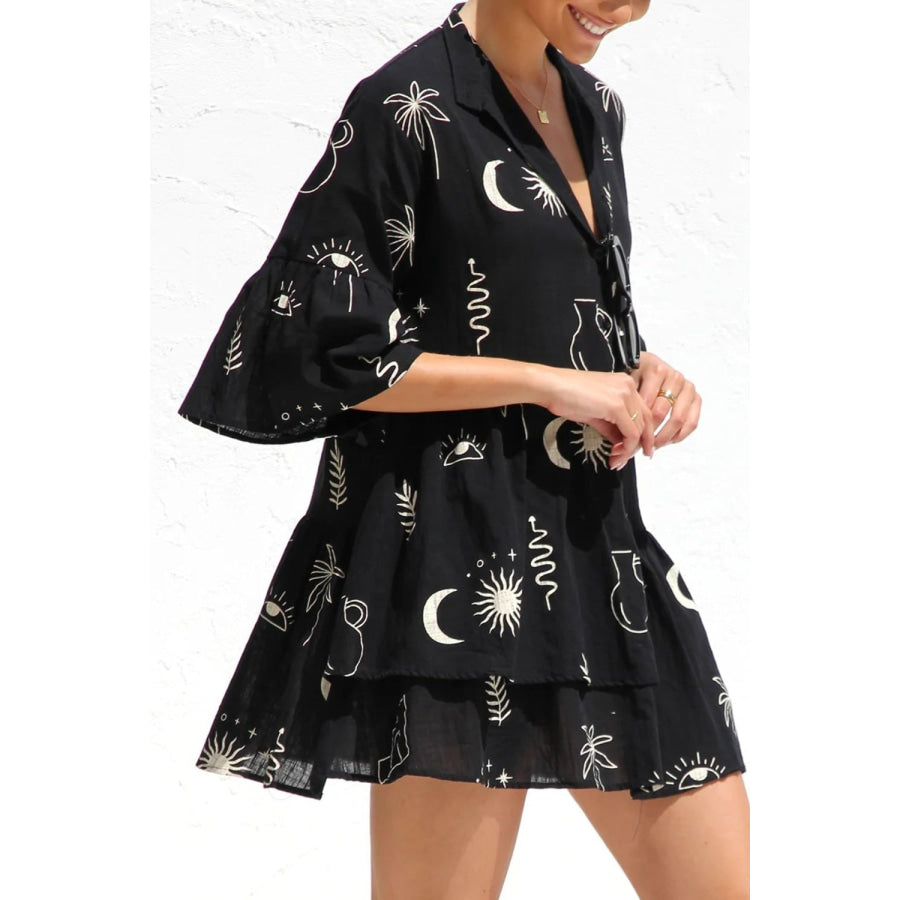 Ruched Printed Three-Quarter Sleeve Mini Dress Apparel and Accessories