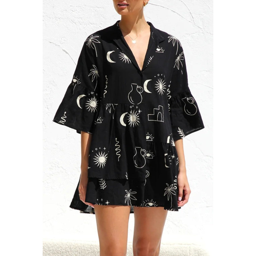 Ruched Printed Three-Quarter Sleeve Mini Dress Black / S Apparel and Accessories