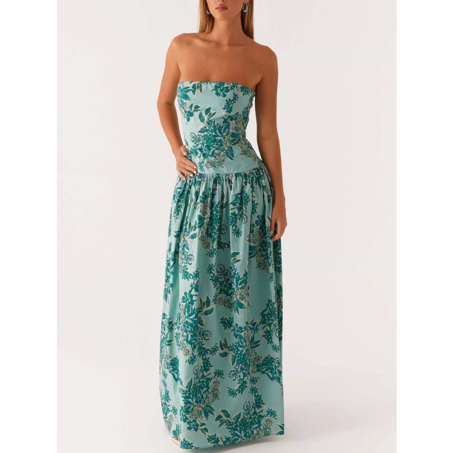 Ruched Printed Tube Maxi Dress Turquoise / S Apparel and Accessories