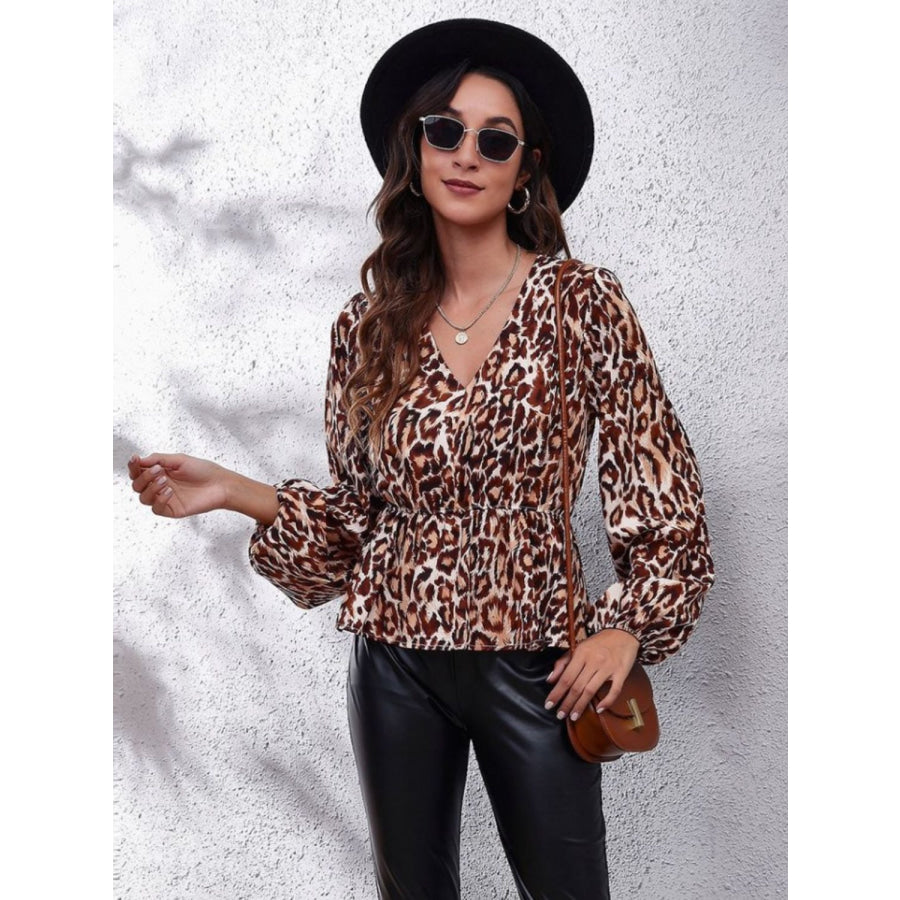 Ruched Printed V-Neck Long Sleeve Blouse Apparel and Accessories