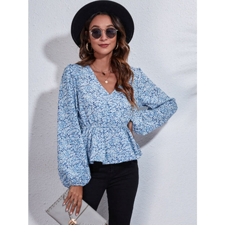 Ruched Printed V-Neck Long Sleeve Blouse Apparel and Accessories