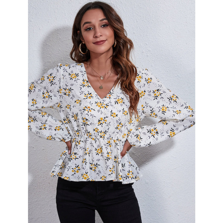 Ruched Printed V-Neck Long Sleeve Blouse Apparel and Accessories