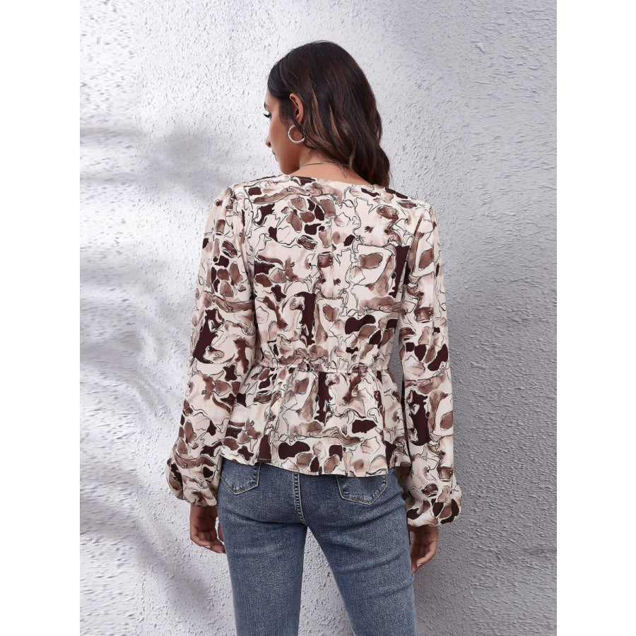 Ruched Printed V-Neck Long Sleeve Blouse Apparel and Accessories