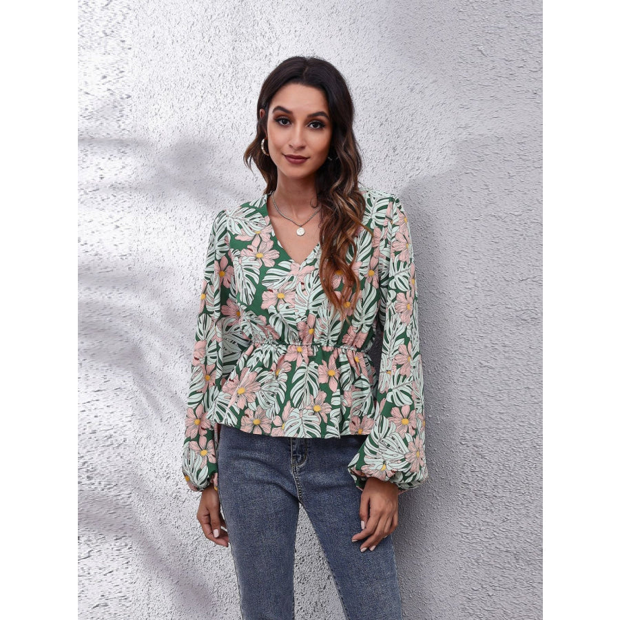 Ruched Printed V-Neck Long Sleeve Blouse Apparel and Accessories