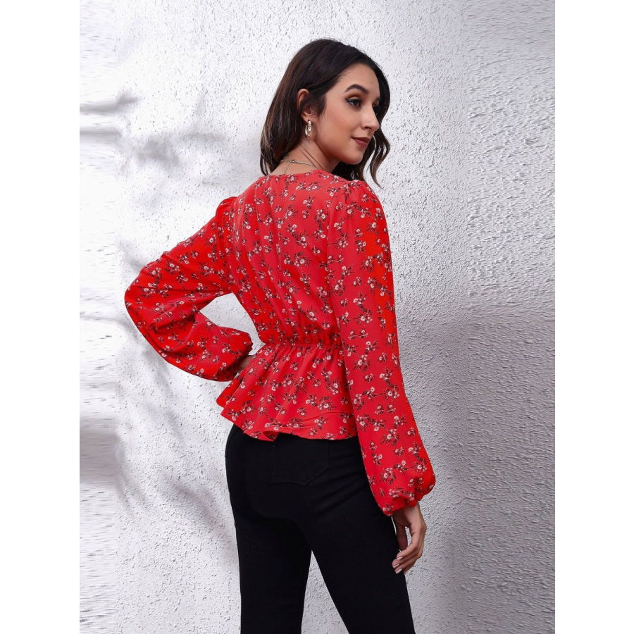 Ruched Printed V-Neck Long Sleeve Blouse Apparel and Accessories