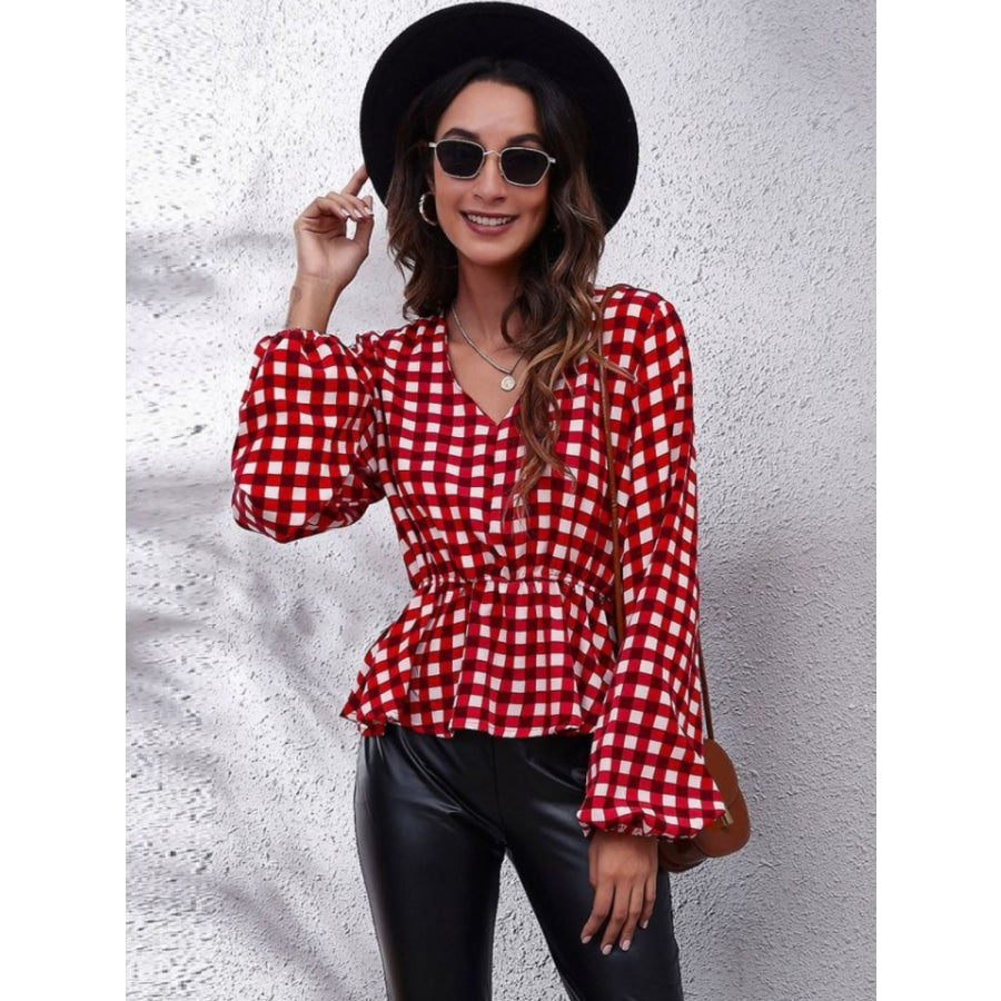 Ruched Printed V-Neck Long Sleeve Blouse Apparel and Accessories