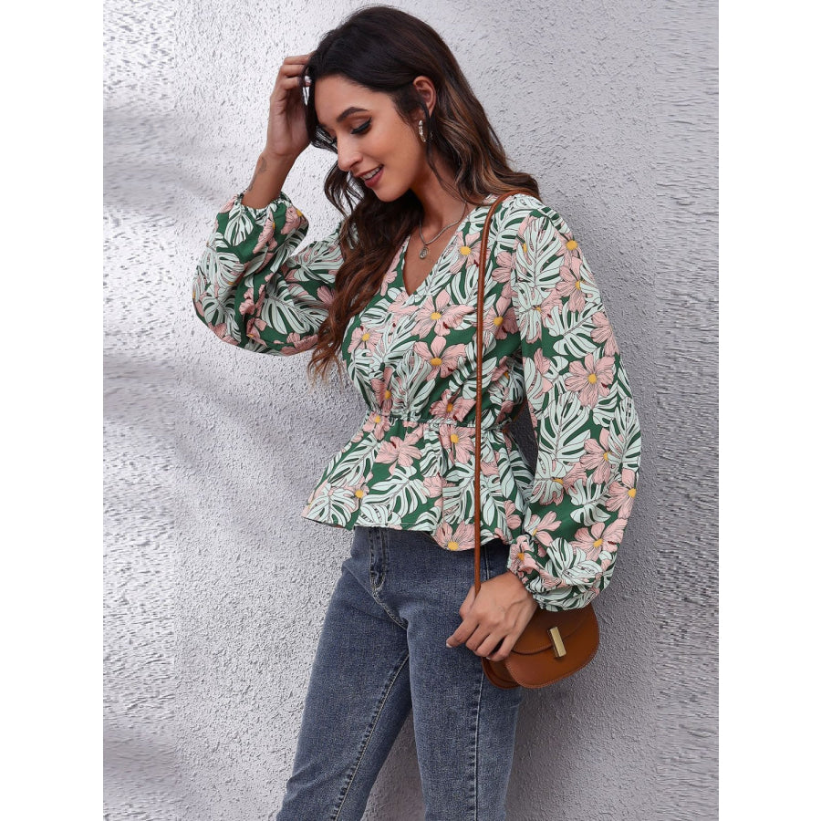 Ruched Printed V-Neck Long Sleeve Blouse Apparel and Accessories