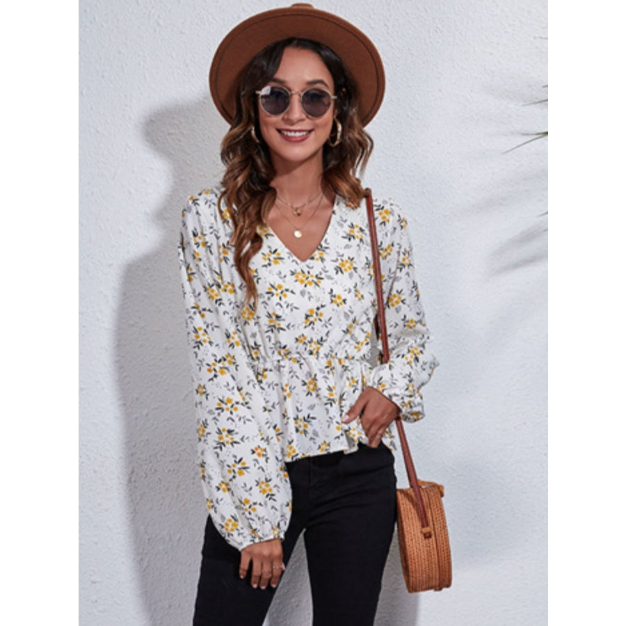 Ruched Printed V-Neck Long Sleeve Blouse Apparel and Accessories