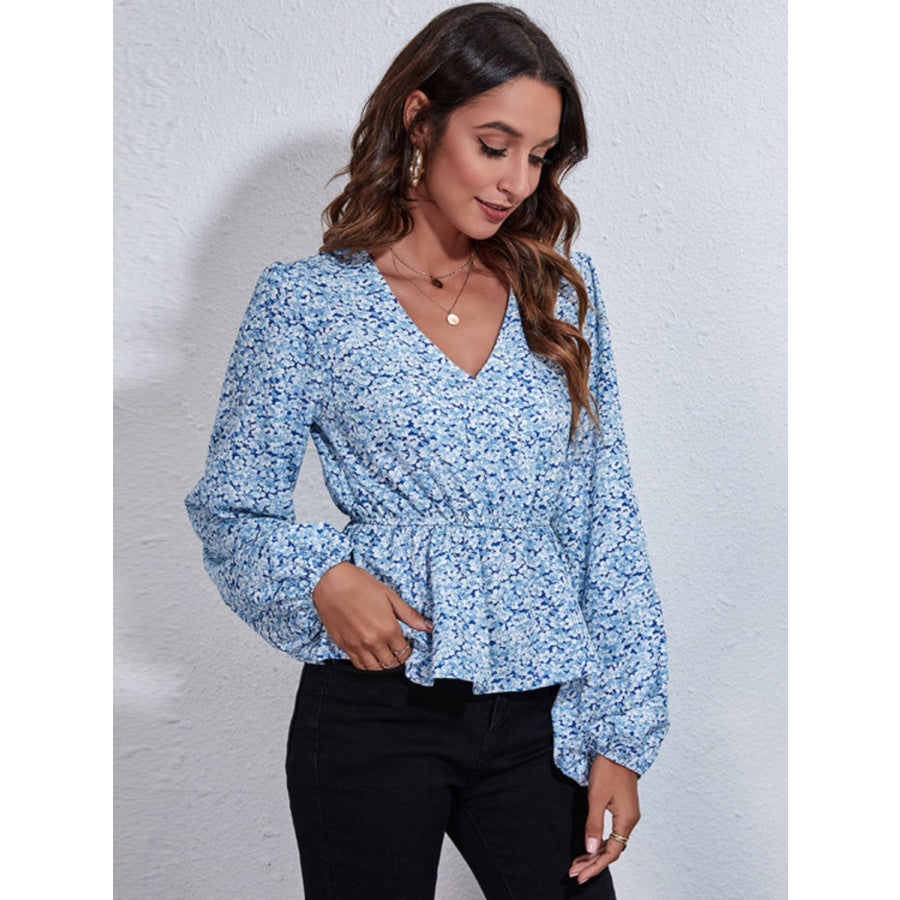 Ruched Printed V-Neck Long Sleeve Blouse Apparel and Accessories