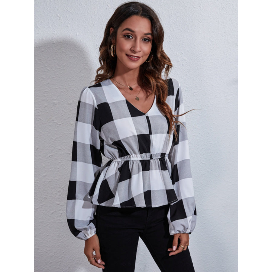 Ruched Printed V-Neck Long Sleeve Blouse Apparel and Accessories