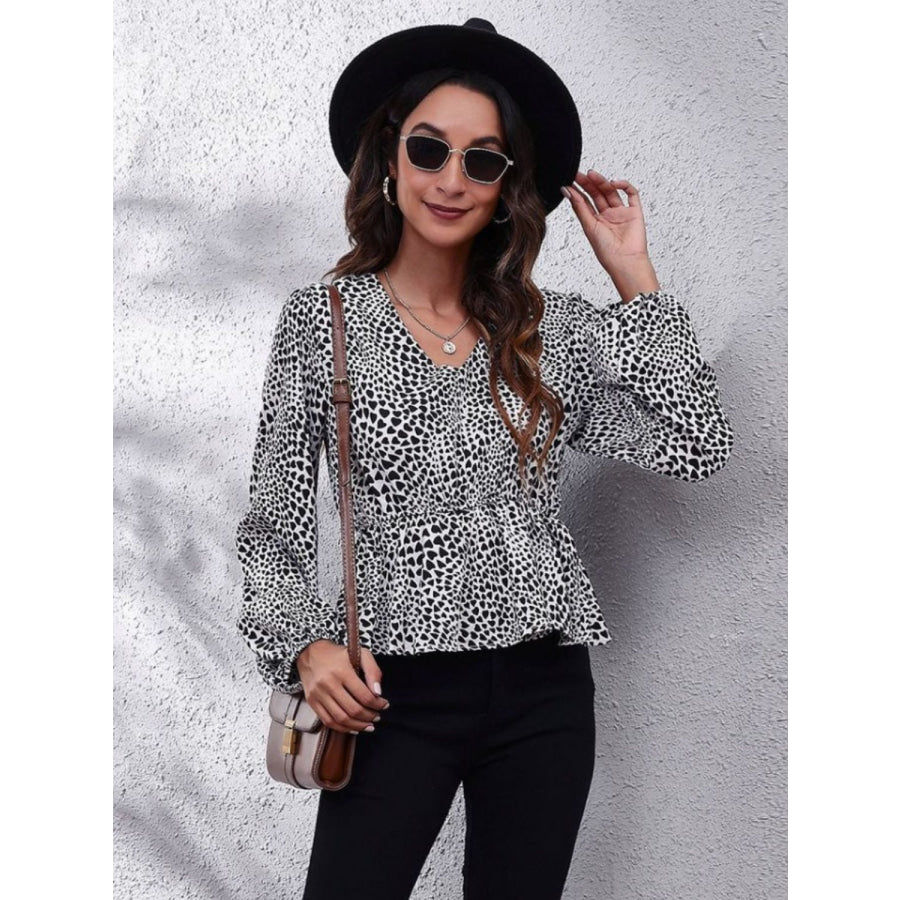 Ruched Printed V-Neck Long Sleeve Blouse Apparel and Accessories