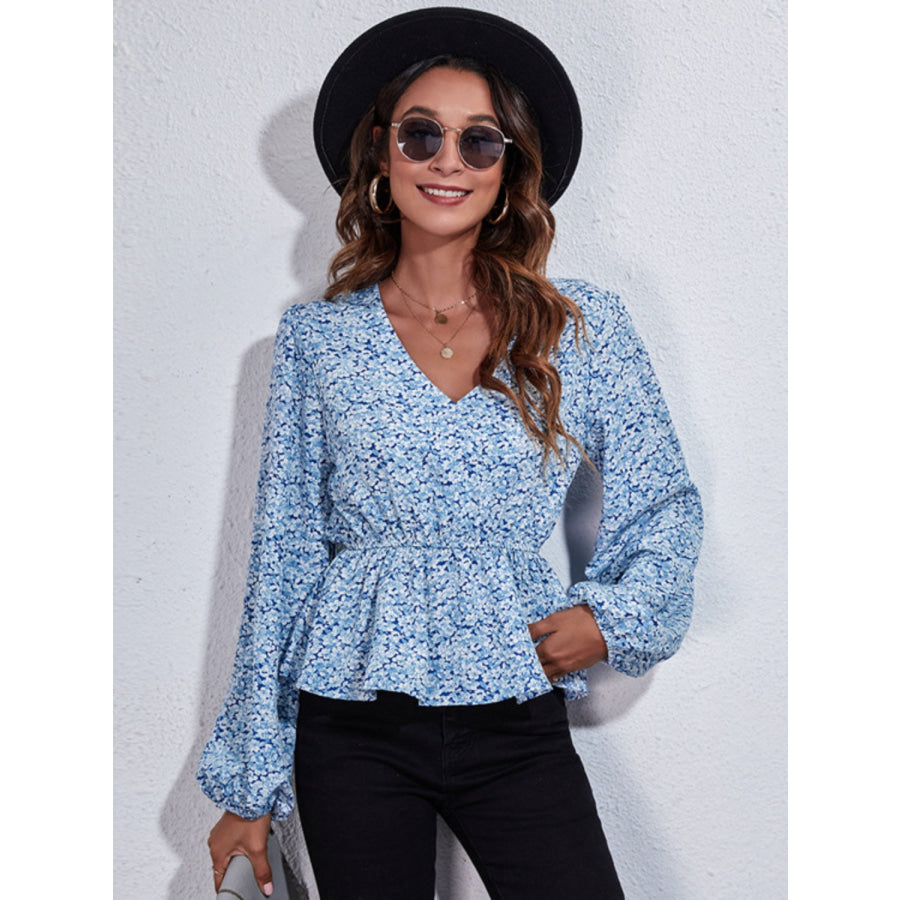 Ruched Printed V-Neck Long Sleeve Blouse Apparel and Accessories