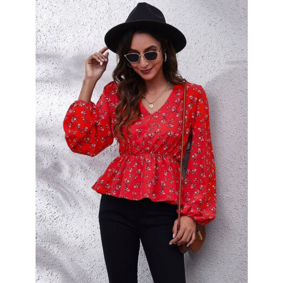 Ruched Printed V-Neck Long Sleeve Blouse Apparel and Accessories