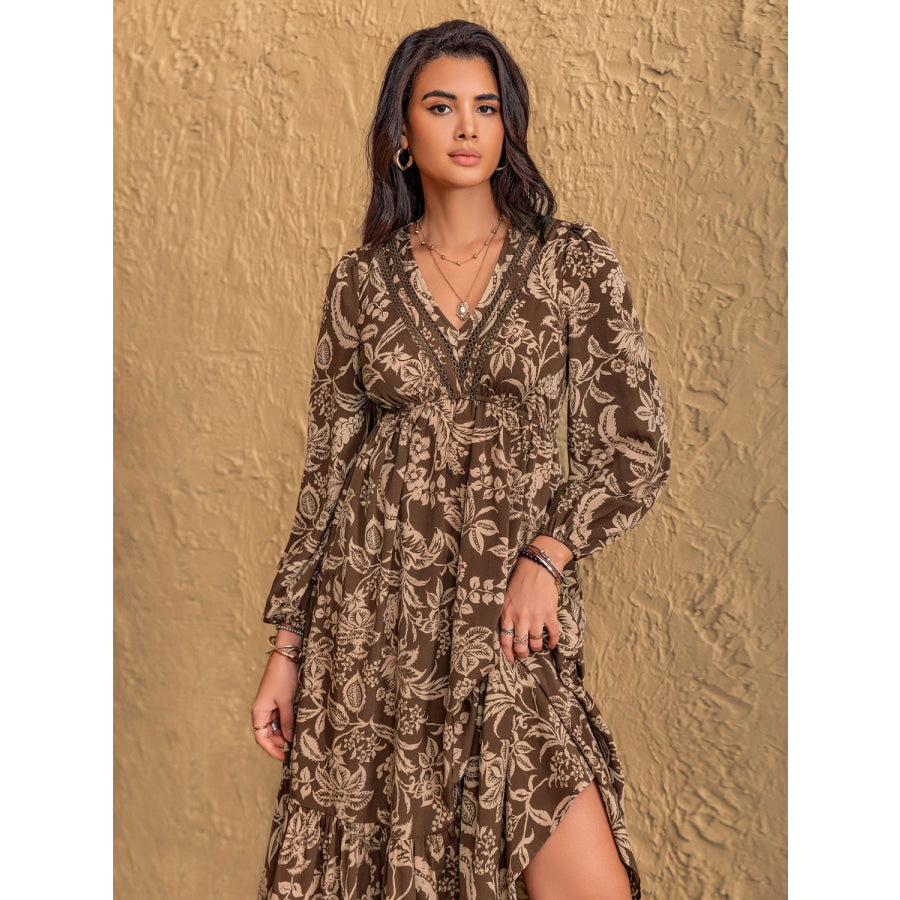 Ruched Printed V-Neck Long Sleeve Midi Dress Apparel and Accessories