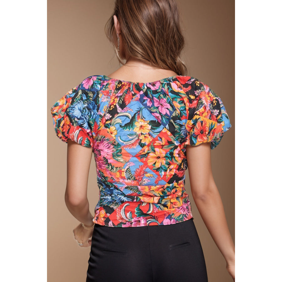 Ruched Printed V - Neck Short Sleeve Blouse Apparel and Accessories