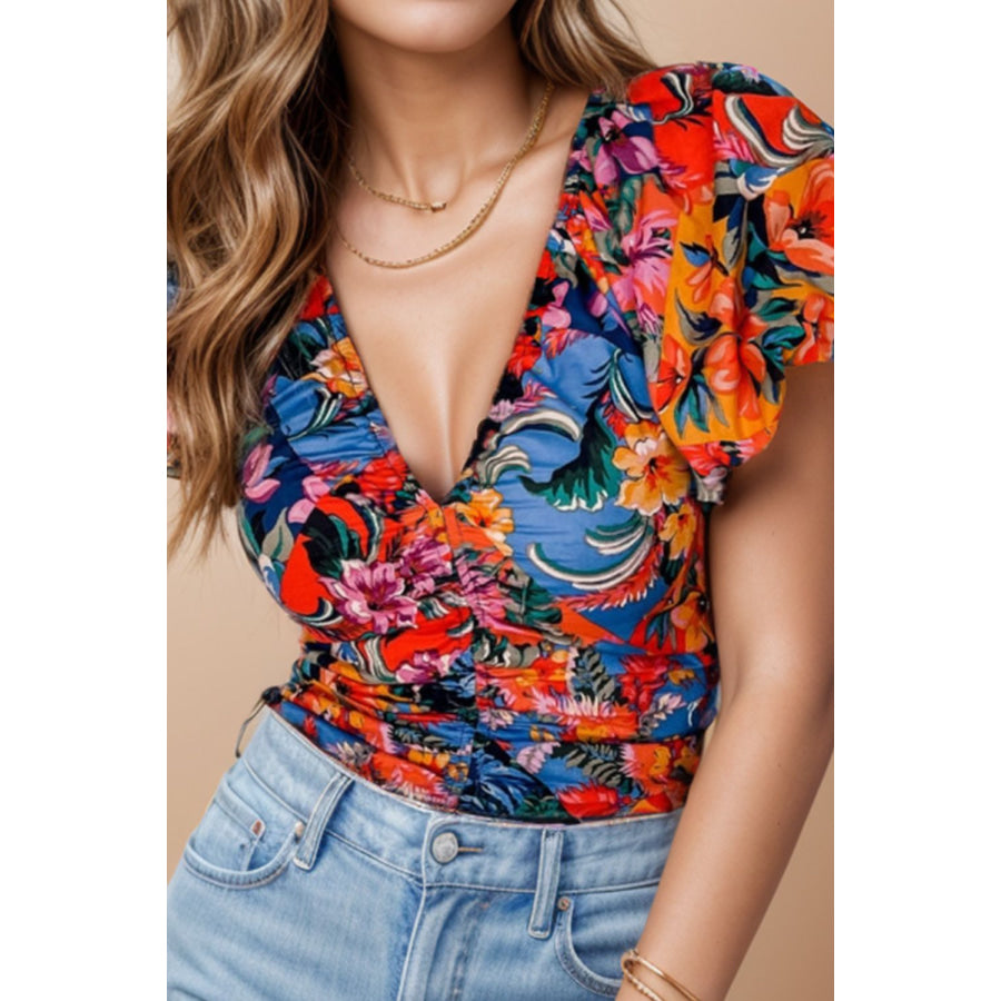 Ruched Printed V - Neck Short Sleeve Blouse Apparel and Accessories