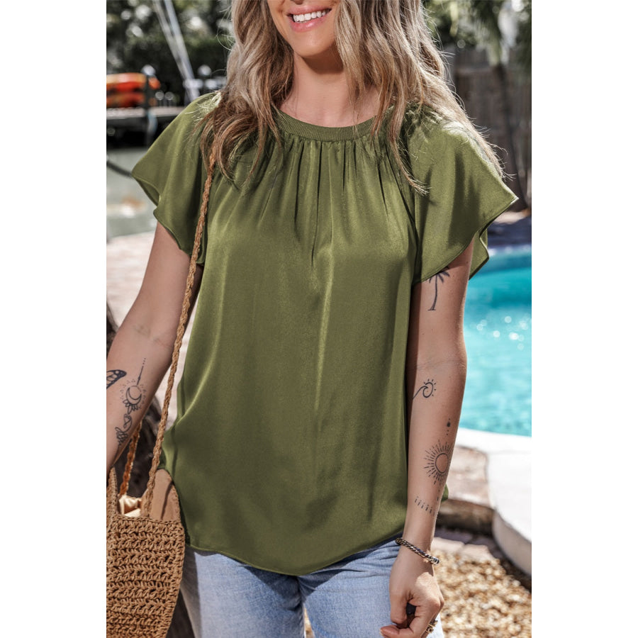 Ruched Round Neck Cap Sleeve Blouse Apparel and Accessories