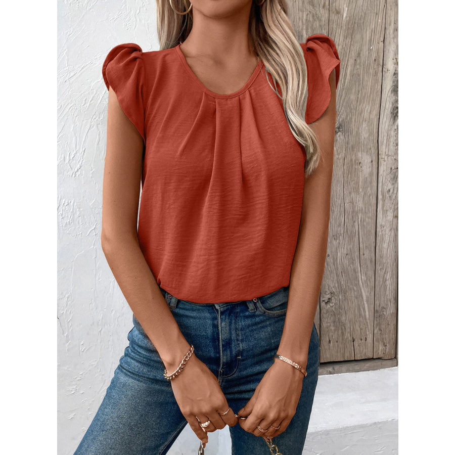 Ruched Round Neck Cap Sleeve Blouse Apparel and Accessories