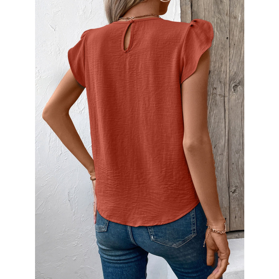 Ruched Round Neck Cap Sleeve Blouse Apparel and Accessories