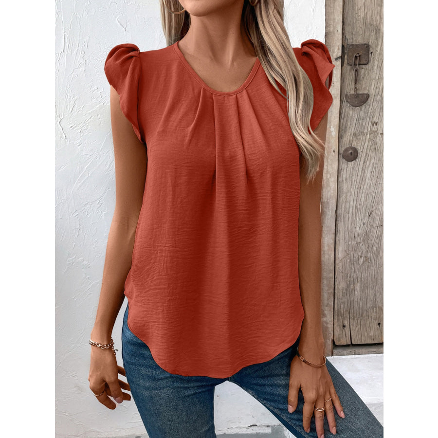 Ruched Round Neck Cap Sleeve Blouse Apparel and Accessories