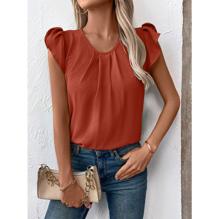 Ruched Round Neck Cap Sleeve Blouse Apparel and Accessories