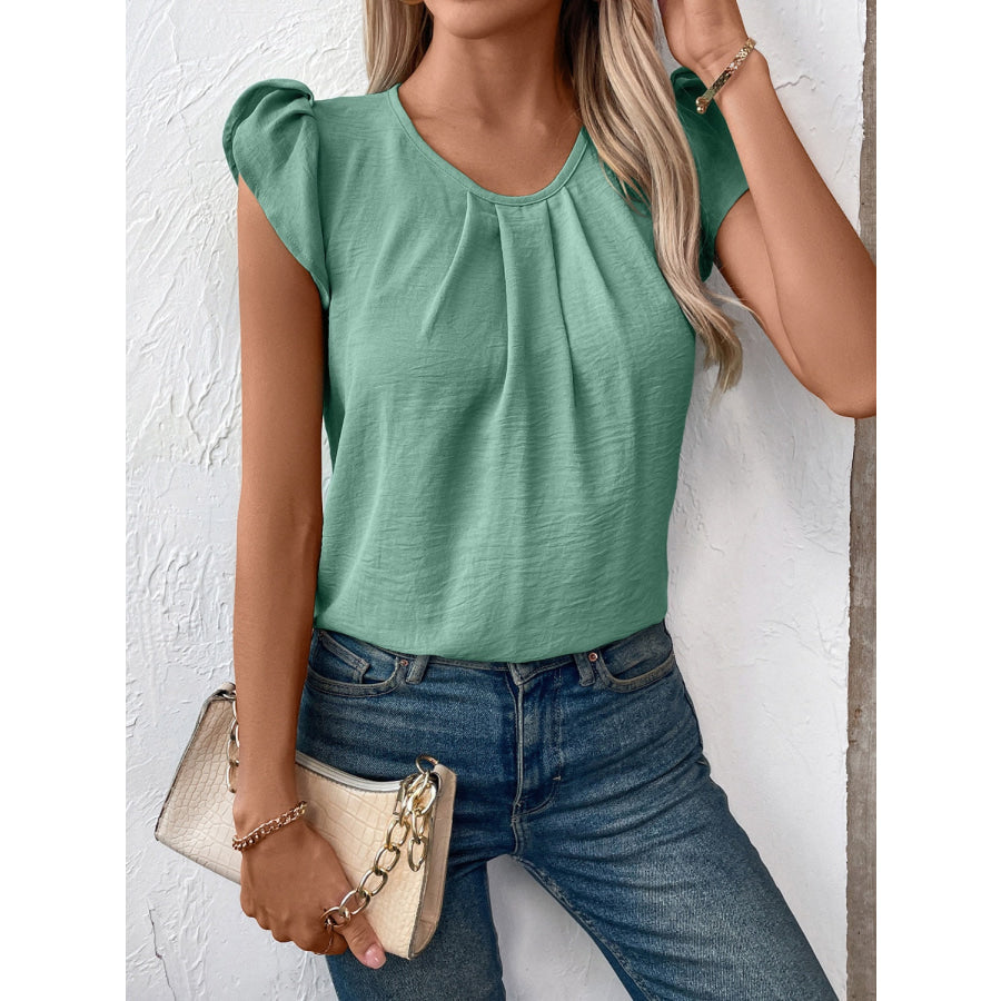 Ruched Round Neck Cap Sleeve Blouse Apparel and Accessories