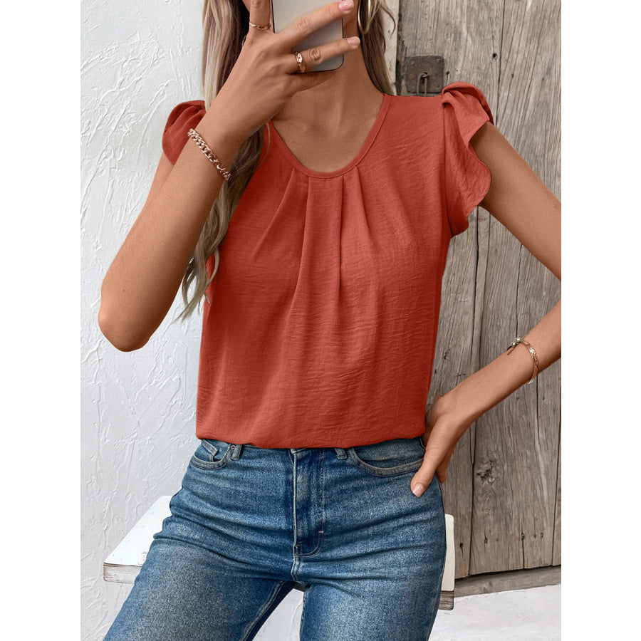 Ruched Round Neck Cap Sleeve Blouse Apparel and Accessories