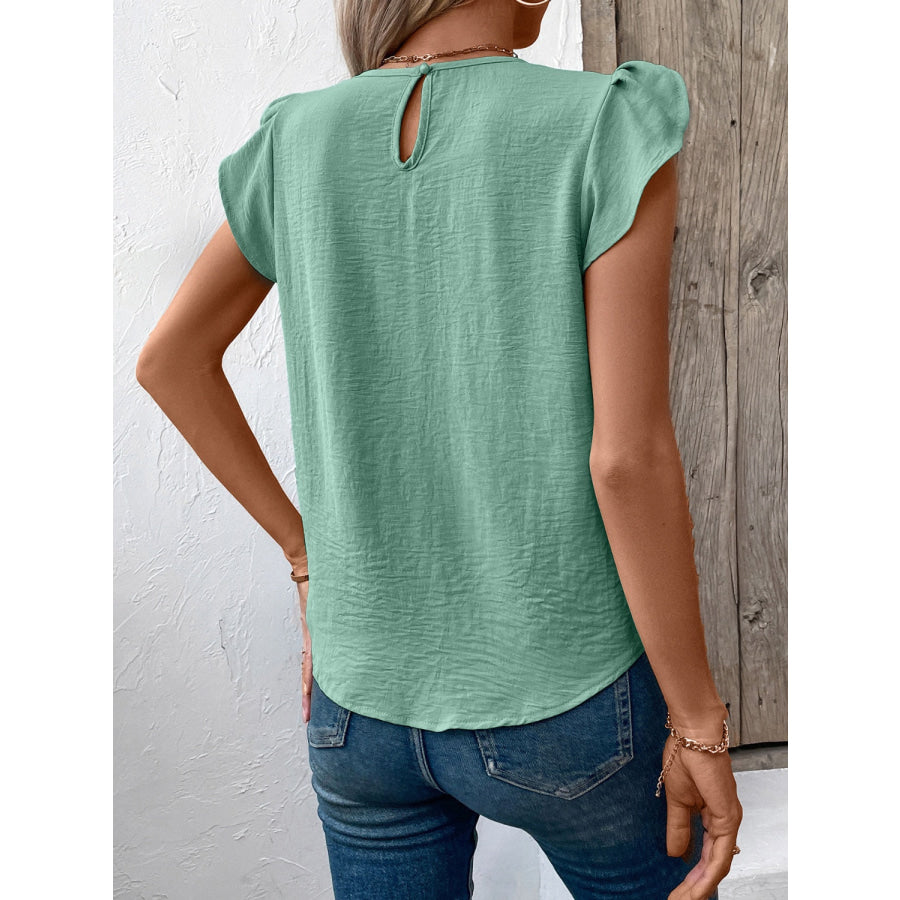 Ruched Round Neck Cap Sleeve Blouse Apparel and Accessories