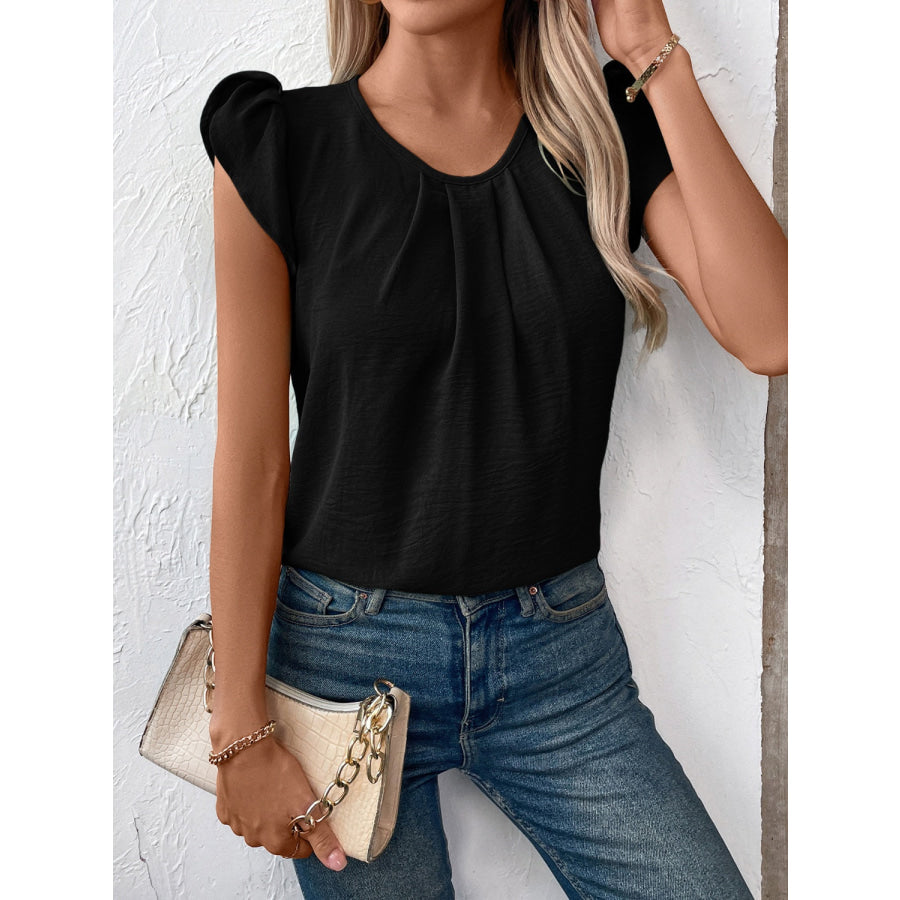 Ruched Round Neck Cap Sleeve Blouse Apparel and Accessories