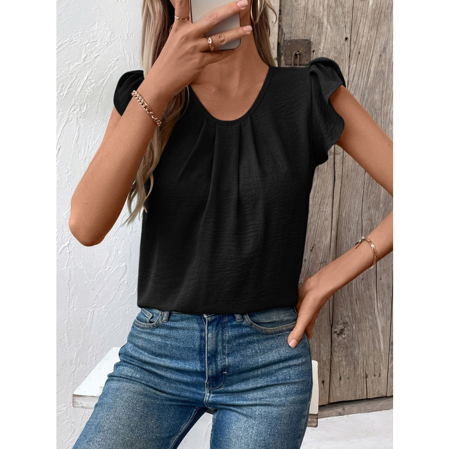 Ruched Round Neck Cap Sleeve Blouse Black / S Apparel and Accessories