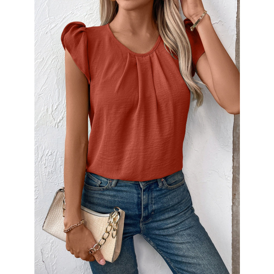 Ruched Round Neck Cap Sleeve Blouse Terracotta / S Apparel and Accessories