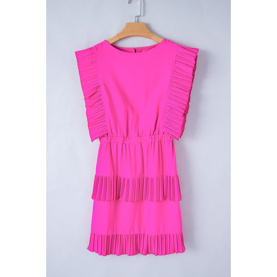Ruched Round Neck Cap Sleeve Mini Dress Fuchsia Pink / S Apparel and Accessories