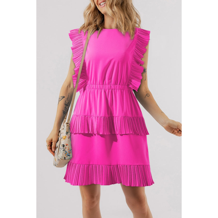 Ruched Round Neck Cap Sleeve Mini Dress Fuchsia Pink / S Apparel and Accessories